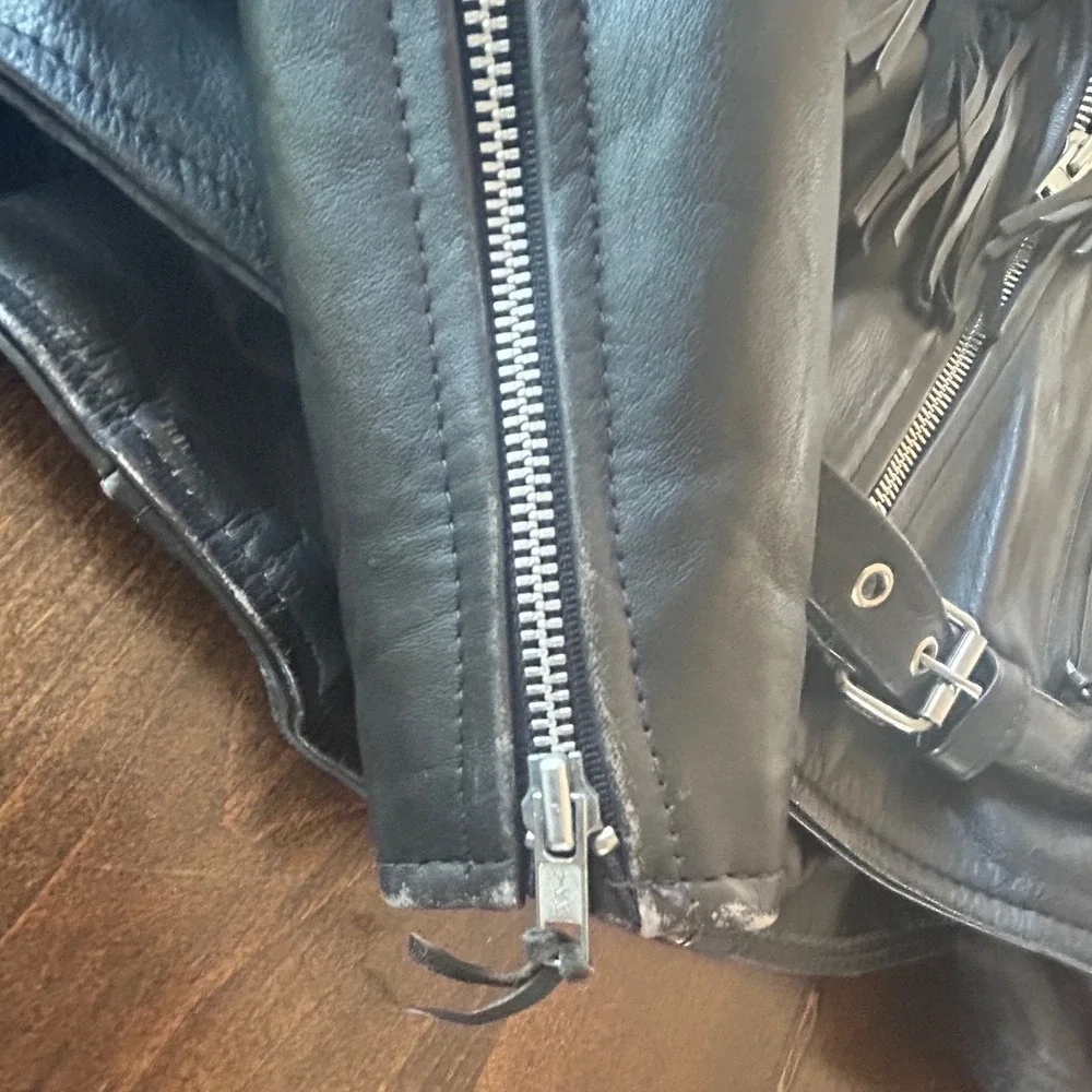 Vintage 90s First Genuine Leather Fringe Biker Jacket Black Western Moto Belted - Picture 8 of 8